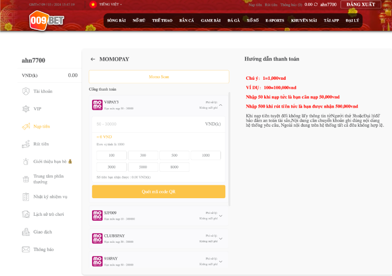 Nạp tiền 009 bằng ví điện tử